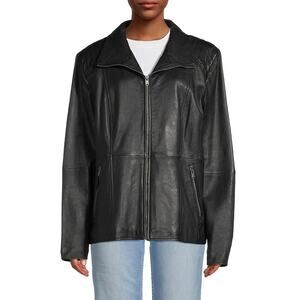 ANDREW MARC Jacket Women Size Large Leather Full Zip Black Fabian Biker Grunge